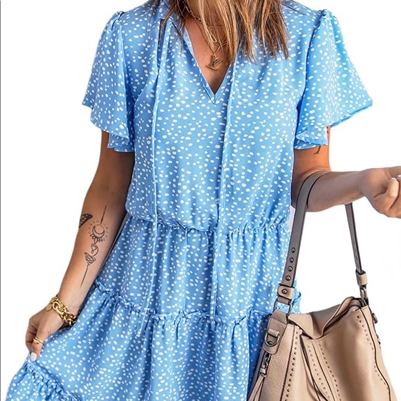 Dokotoo Dresses & Skirts - Short Flutter Sleeve Blue Floral Ruffle Skirt Sun Dress Tie Neck Sz Large Spring